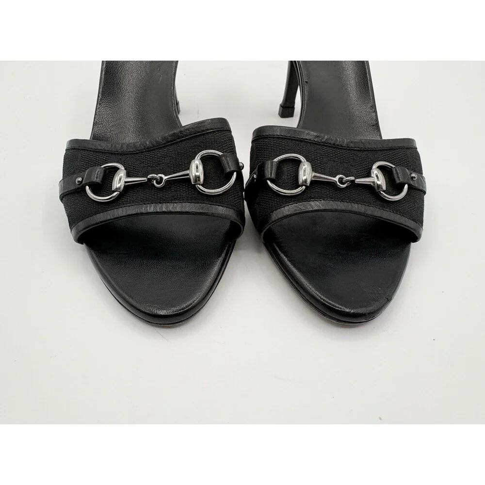 Gucci Black Leather Mules Canvas GG Logo Silver Horsebit Heels Y2K Size EU 35.5